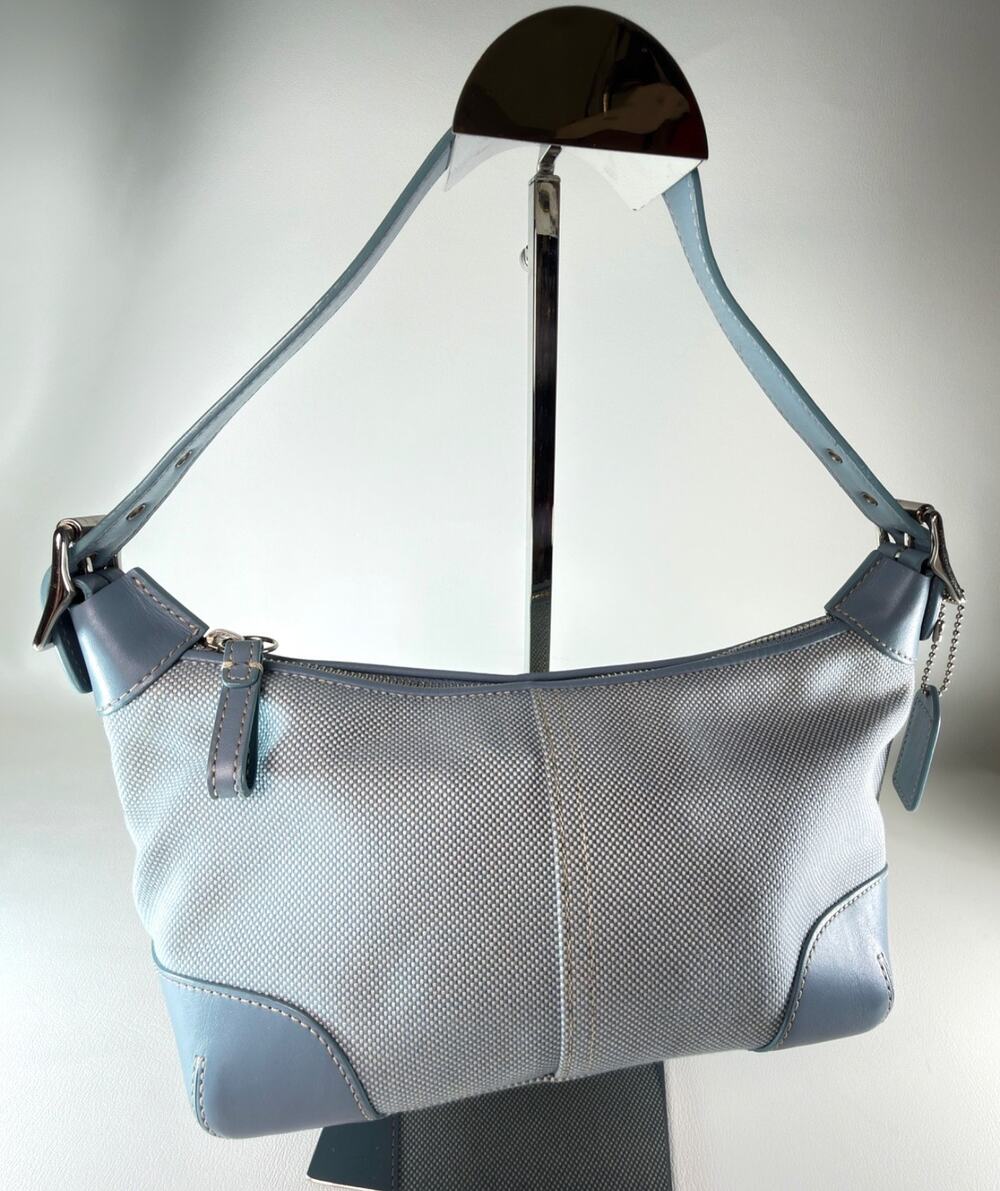 COACH 1839 VINTAGE Light Blue Canvas Leather Demi Hobo Shoulder Bag Purse MINT